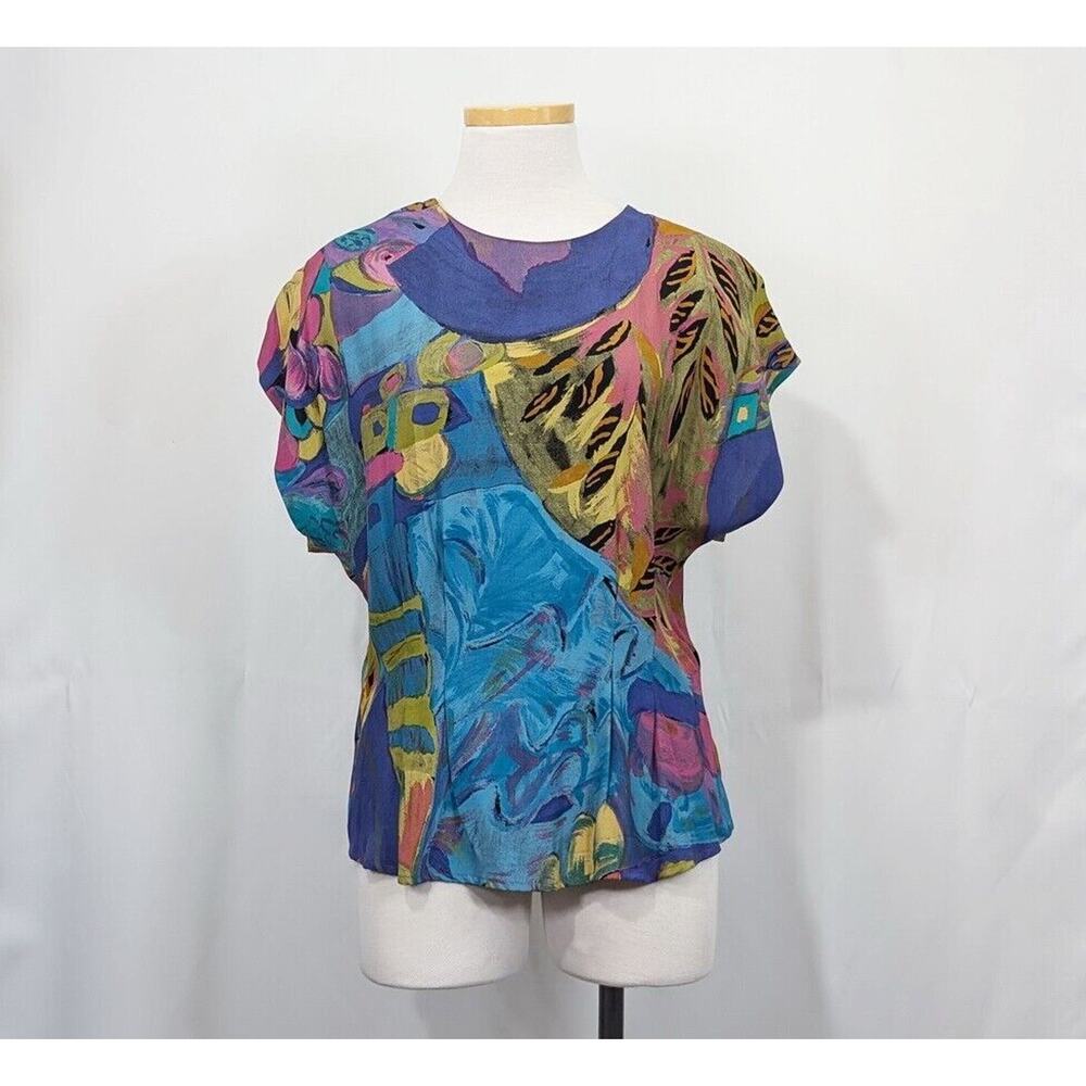 Vintage 90s Blouse Blue Art to Wear Rayon Top Shirt Women's Size 10